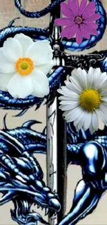 Blue dragon and flowers around a sword on wallpaper.