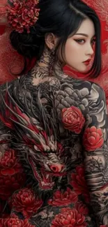 Intricate dragon tattoo art in vibrant red hues on a woman's back.