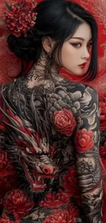 Intricate dragon tattoo wallpaper with red flowers.