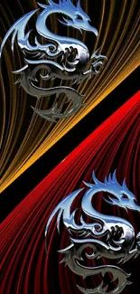 Metallic dragon art on red and gold background wallpaper.