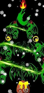 Dragon themed Christmas tree wallpaper with vibrant flames and ornaments.