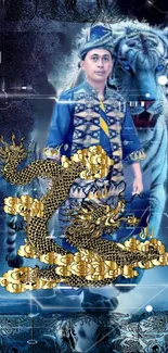 Fantasy art wallpaper with a golden dragon, a blue tiger, and a person in traditional attire.