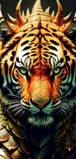 Fantasy wallpaper of a tiger with dragon scales in vibrant orange and dark colors.