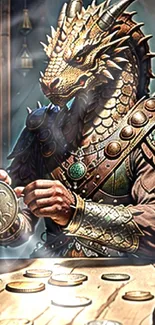 Dragon trader surrounded by ancient coins in a fantasy setting.