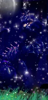 Fantasy dragon under a sparkling starry night sky.