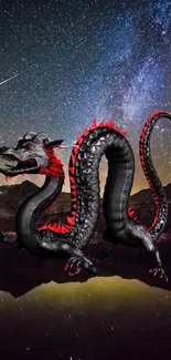 Black and red dragon under the starry sky wallpaper.