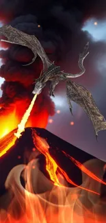 Dragon breathing fire over erupting volcano with flames and smoke in the background.