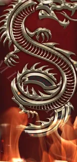 Metallic dragon with fiery flames on dark red background.