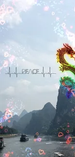 Colorful dragon and hearts over serene water landscape.