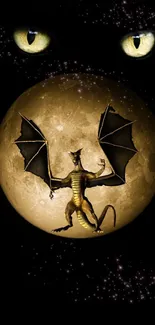 Dragon flying against the moon in a dark night sky.