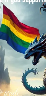 A dragon alongside a colorful pride flag with vibrant mountain backdrop.