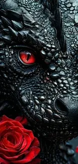 Black dragon with red eyes and rose.