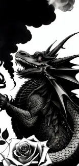 Monochrome dragon and rose artwork with smoke trail design.