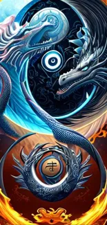 Vibrant dragon yin yang art with fiery and icy contrasts.