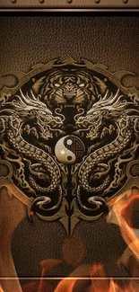 Dragon Yin Yang design on brown leather texture mobile wallpaper.