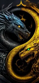 Intricate dragon yin yang wallpaper design with gold and black elements.