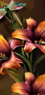 Artistic mobile wallpaper of lilies and a colorful dragonfly.