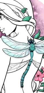 Illustrated dragonfly on woman's back with flowers and leaves in soft pink background.