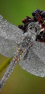 Close-up of a dragonfly with dew-covered wings on a lush green background.