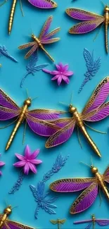Vibrant dragonflies on a blue background.