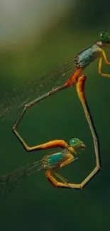 Two dragonflies create a heart shape on a deep green background.