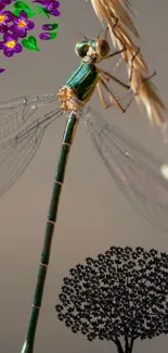 Detailed dragonfly with floral art and tree silhouette on gray background.