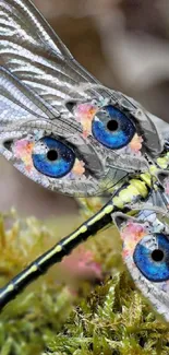 Dragonfly with artistic eye-patterned wings resting on moss.