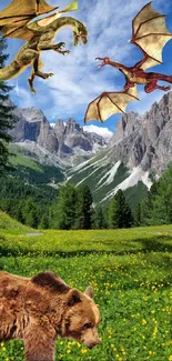 Bear and dragons soar over a lush mountain landscape.