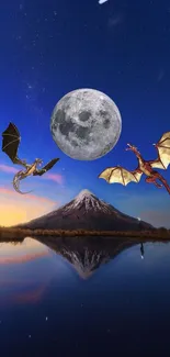 Dragons flying over a moonlit mountain reflected in water under a starry sky.