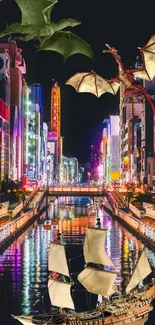 Dragons flying over a neon-lit river cityscape with a ship below.