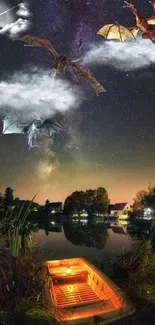 Night scene with dragons flying over a lake and lit boat.