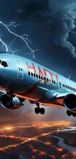 Airplane flying through stormy night sky with lightning.