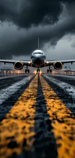 Airplane on stormy runway with dramatic sky.