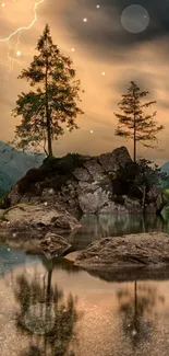 Dramatic alpine lake with lightning bolt and mountain reflection.