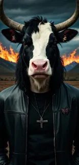 Surreal cow-headed figure with mountain fire backdrop.