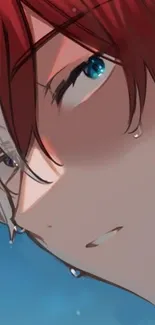 Anime character with red and white hair with water drops, close-up view.