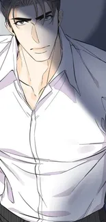 Stylish anime character with dark hair in white shirt, dramatic lighting.