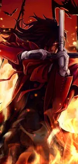 Anime gunfighter with fiery background showcasing dramatic style.