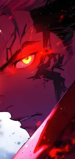 Intense anime character with glowing eyes in a deep red color scheme for mobile wallpaper.