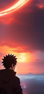 Silhouetted figure against a fiery anime sunset sky.