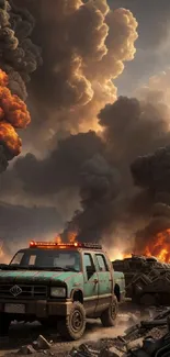 Apocalyptic scene with truck amidst smoke and fire.