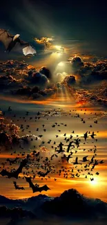 A vivid sunset with bats flying across a dramatic sky.