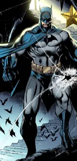 Batman in dynamic comic style with dark blue and Gothic elements.