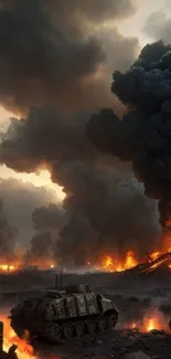 Dramatic scene with fire and tanks amidst a smoky battlefield.