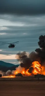 Helicopter and tanks in fiery battlefield scene with smoke and flames.