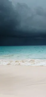 Dark storm clouds over a tranquil beach.