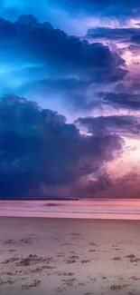 Dramatic storm over beach with lightning and colorful clouds.