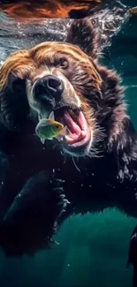 Bear diving underwater catching fish