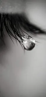 Black and white close-up of an eye with a tear drop, artistic and dramatic.