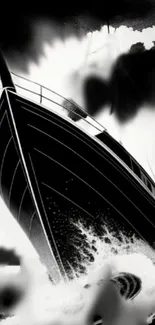 Monochrome boat artwork with dramatic water effects.